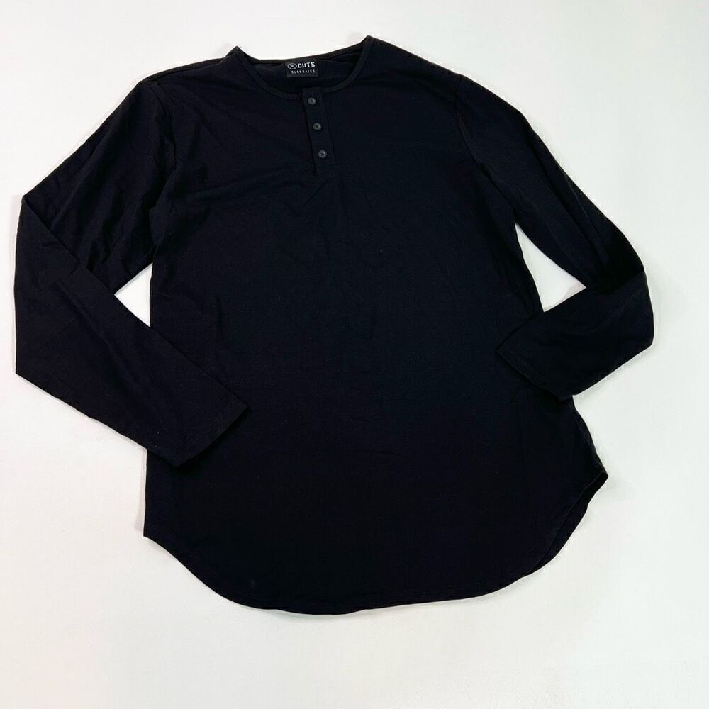 Cuts Elongated Shirt Mens Large Black Henley Cotton Stretch Long Sleeve Top